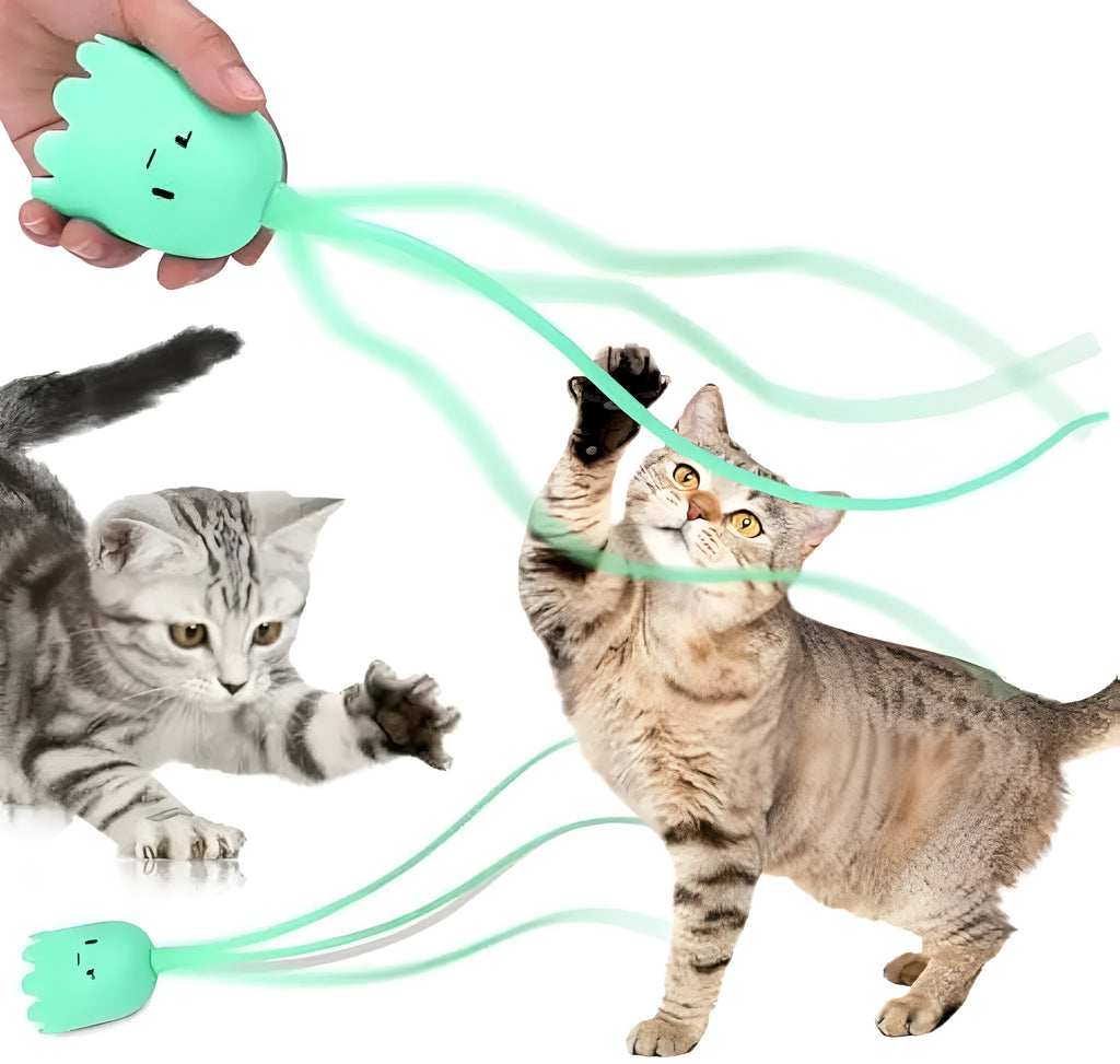 Green electronic cat wand toy with swinging silicone tails for indoor feline play