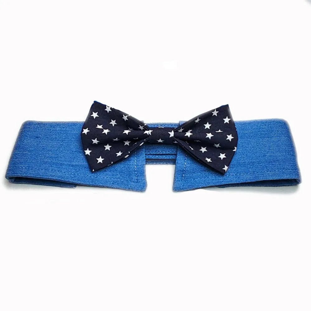 Denim dog collar with star pattern necktie in bow style, adjustable sizing for formal events