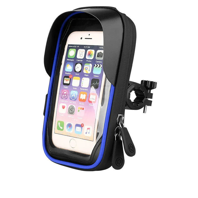 Black TPU mobile phone stand mounted on a bicycle handlebar, showing adjustable bracket and waterproof zipper.