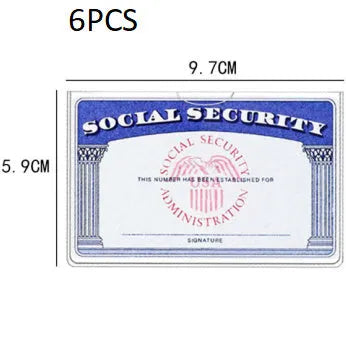 Transparent PVC waterproof ID card cover for social security cards, shown with dimensions 9.7cm by 5.9cm