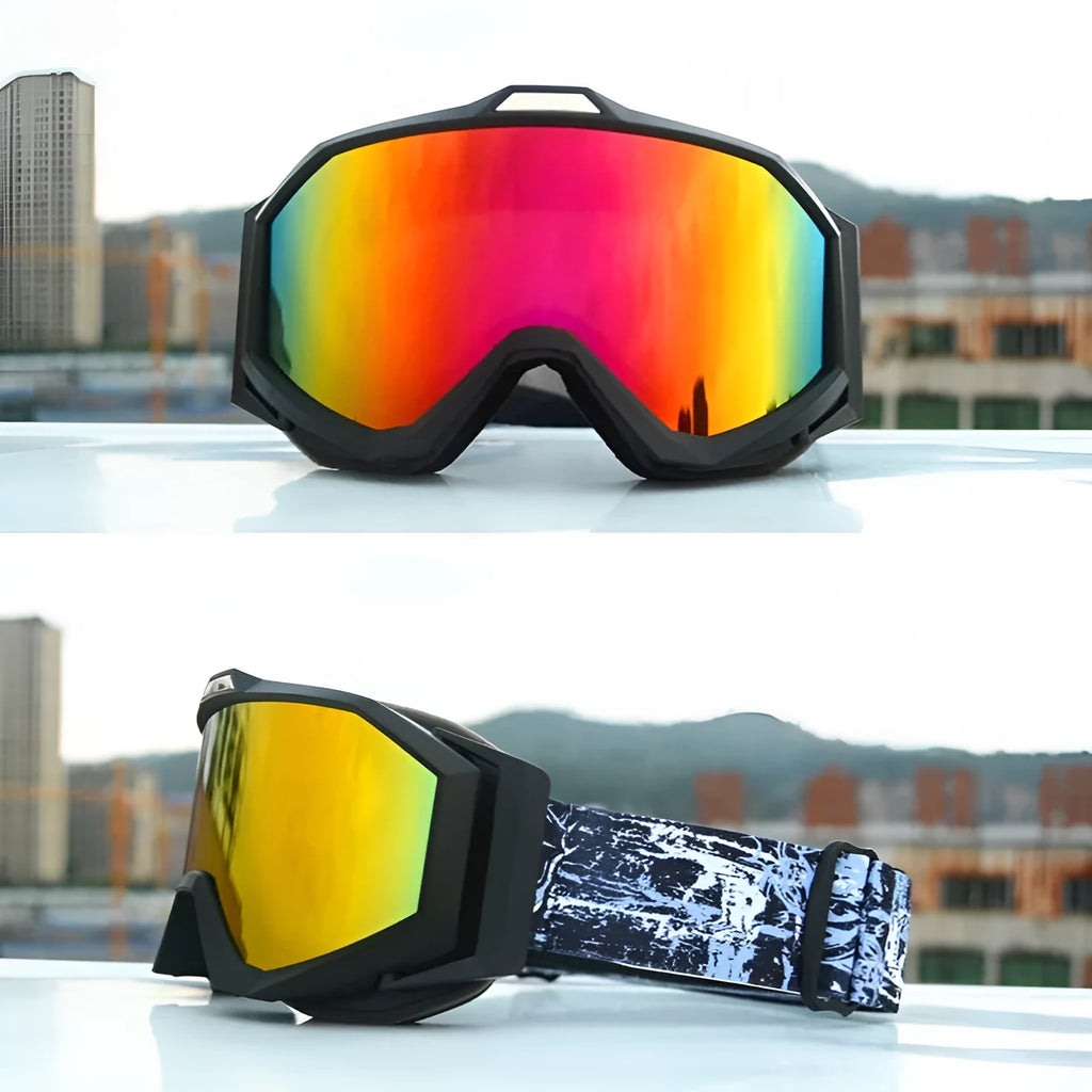 Motorcycle goggles with double layer anti-fog lens in various colour options including black, red and blue frames