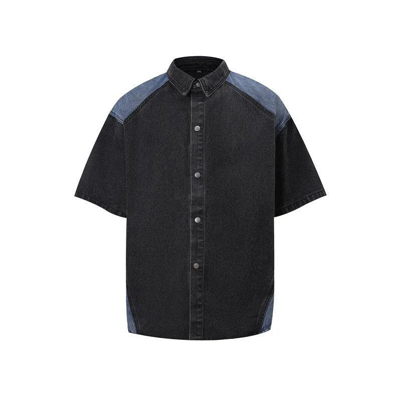 Retro washed denim jeans suit featuring a short-sleeved jacket and matching trousers in a blue colour set.