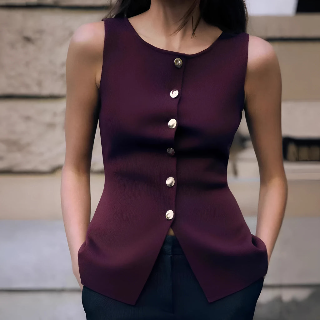 Dark red slim fit viscose cardigan vest with 3D pattern, shown on a hanger.