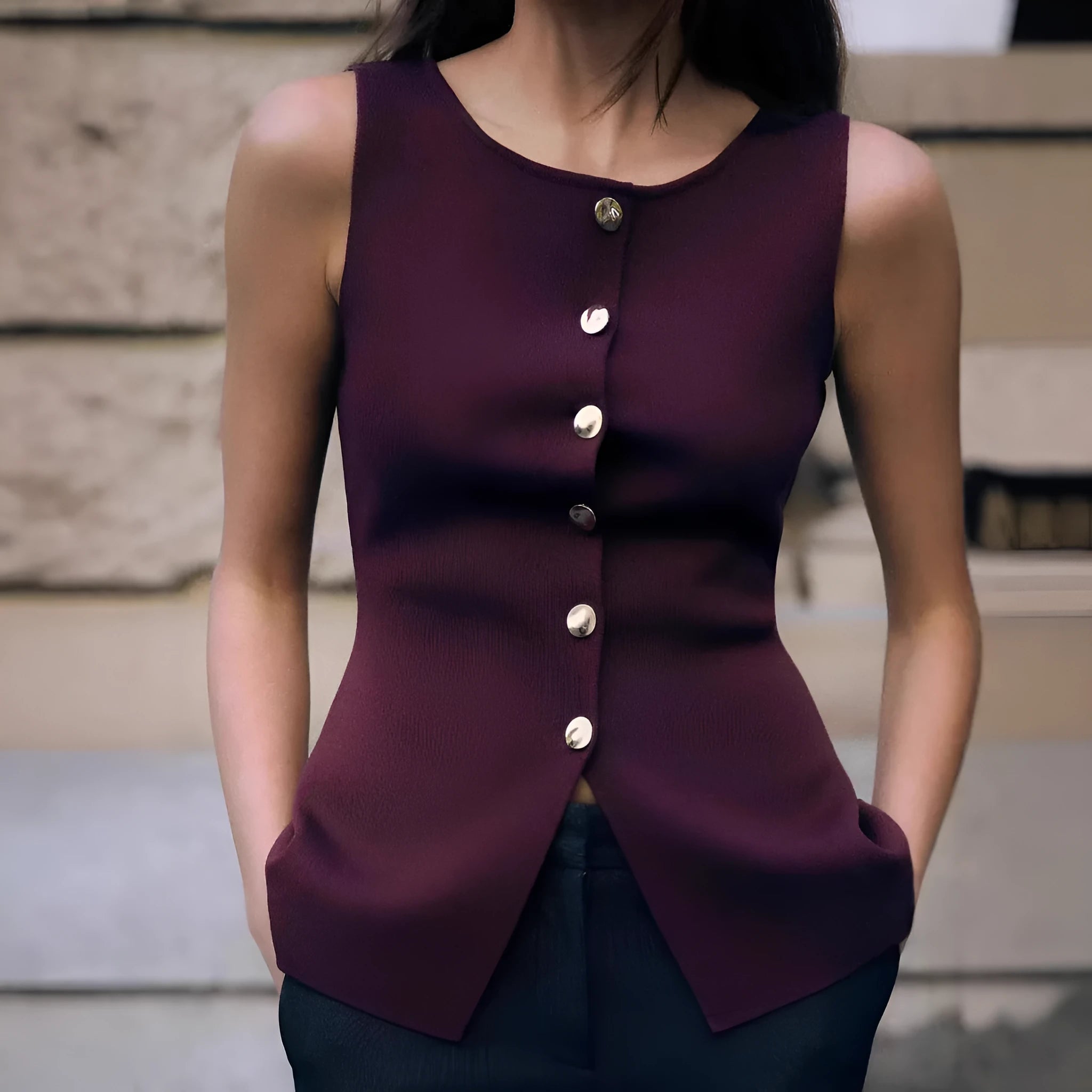 Dark red slim fit viscose cardigan vest with 3D pattern, shown on a hanger.