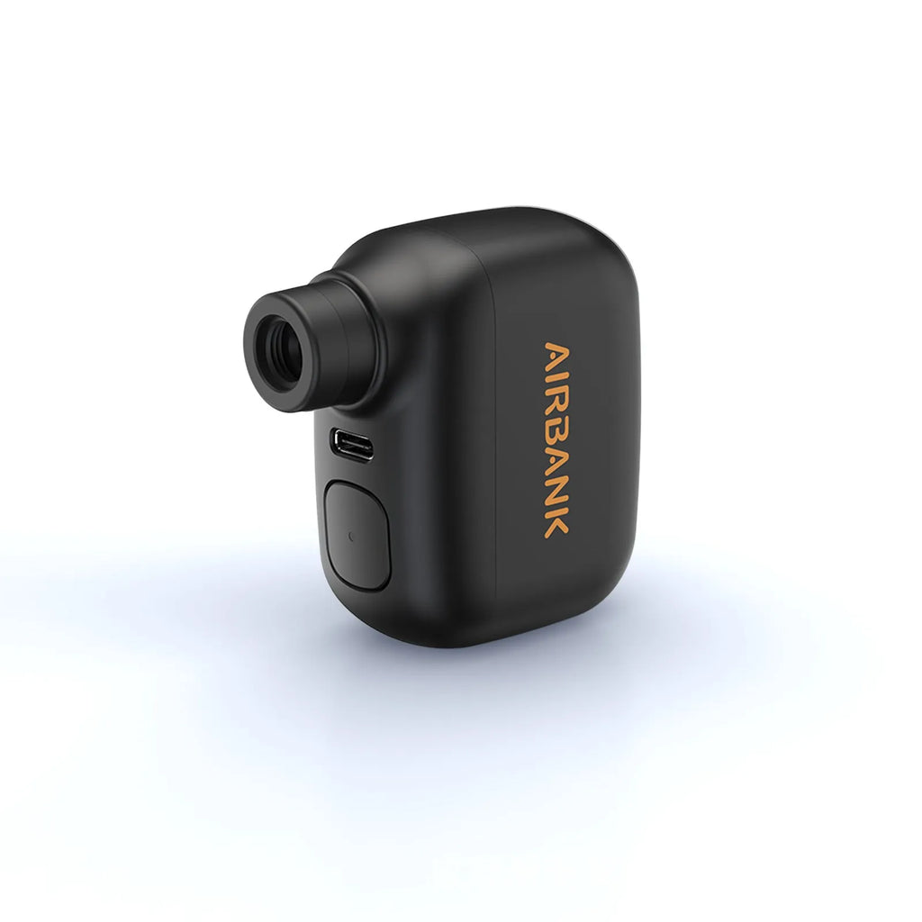 Black mini electric bicycle pump with USB charging port and compact dimensions