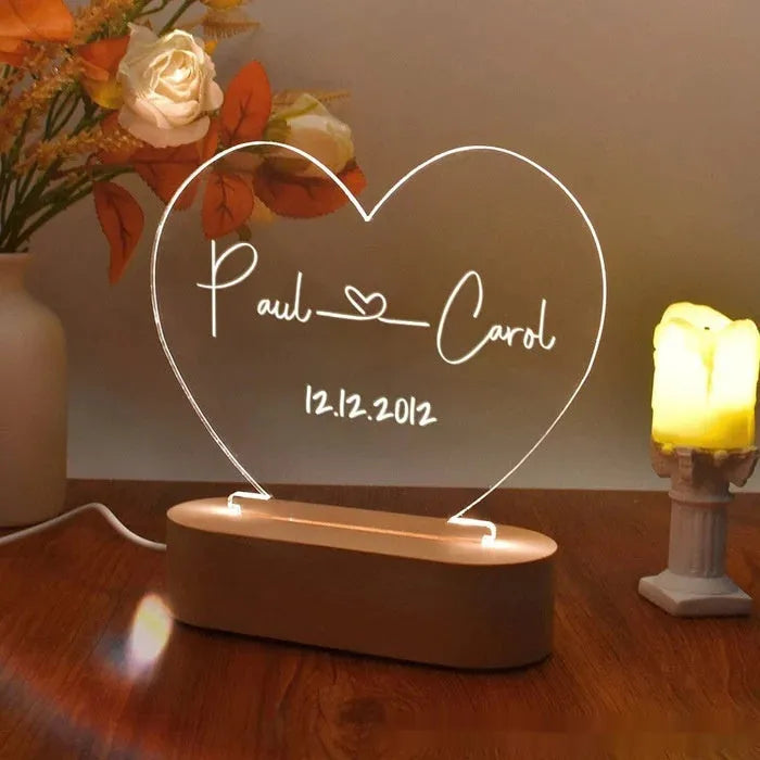 Custom acrylic night light with illuminated names and date for Valentine's gift