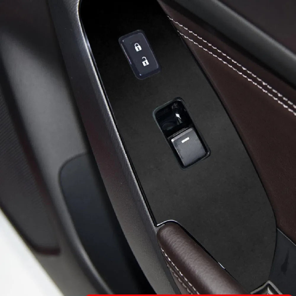 Set of four TPU protective films for car door control panel, shown in transparent, matte black, and carbon fibre black finishes.