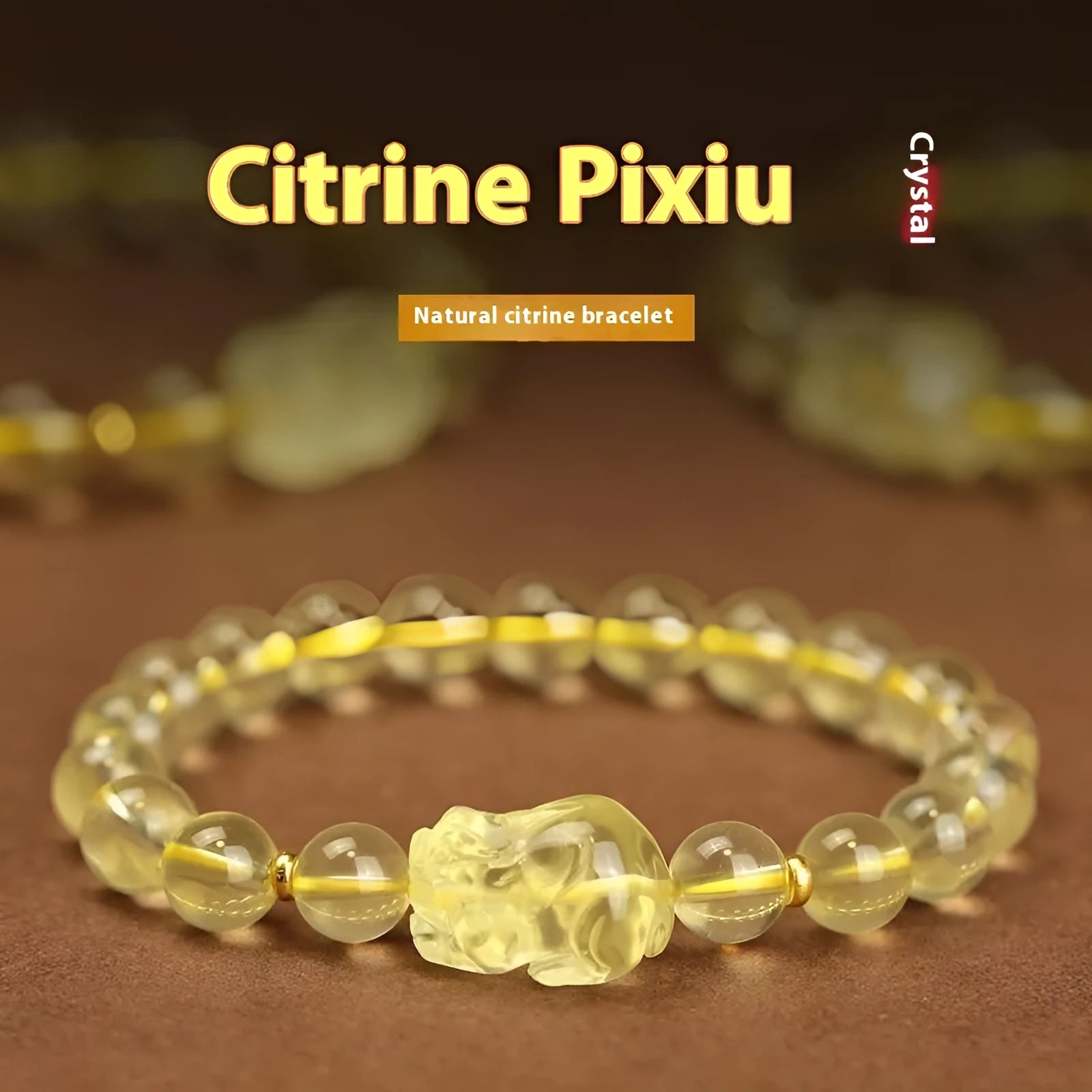 Yellow leather adjustable bracelet with a citrine-coloured artificial crystal Pi Xiu charm.