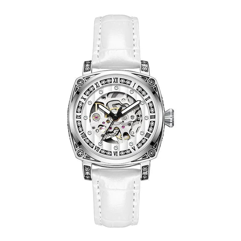 Men's mechanical watch with luminous hands and leather band, waterproof to 10 metres, showing four colour options