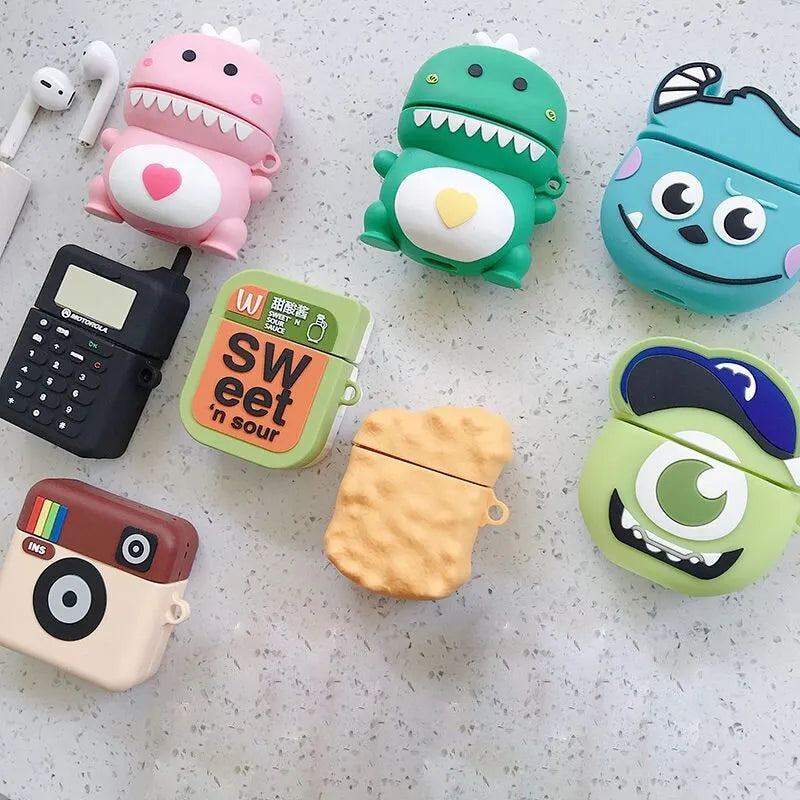 Silicone protective case with cartoon animal design compatible with Apple AirPods 1 and 2 in multiple colours