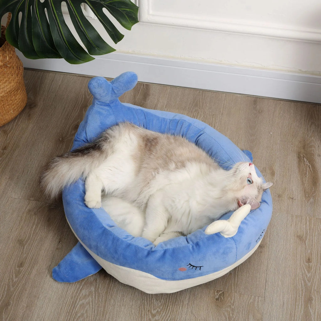 Blue duck-shaped fluffy pet bed sofa for small dogs and cats on floor