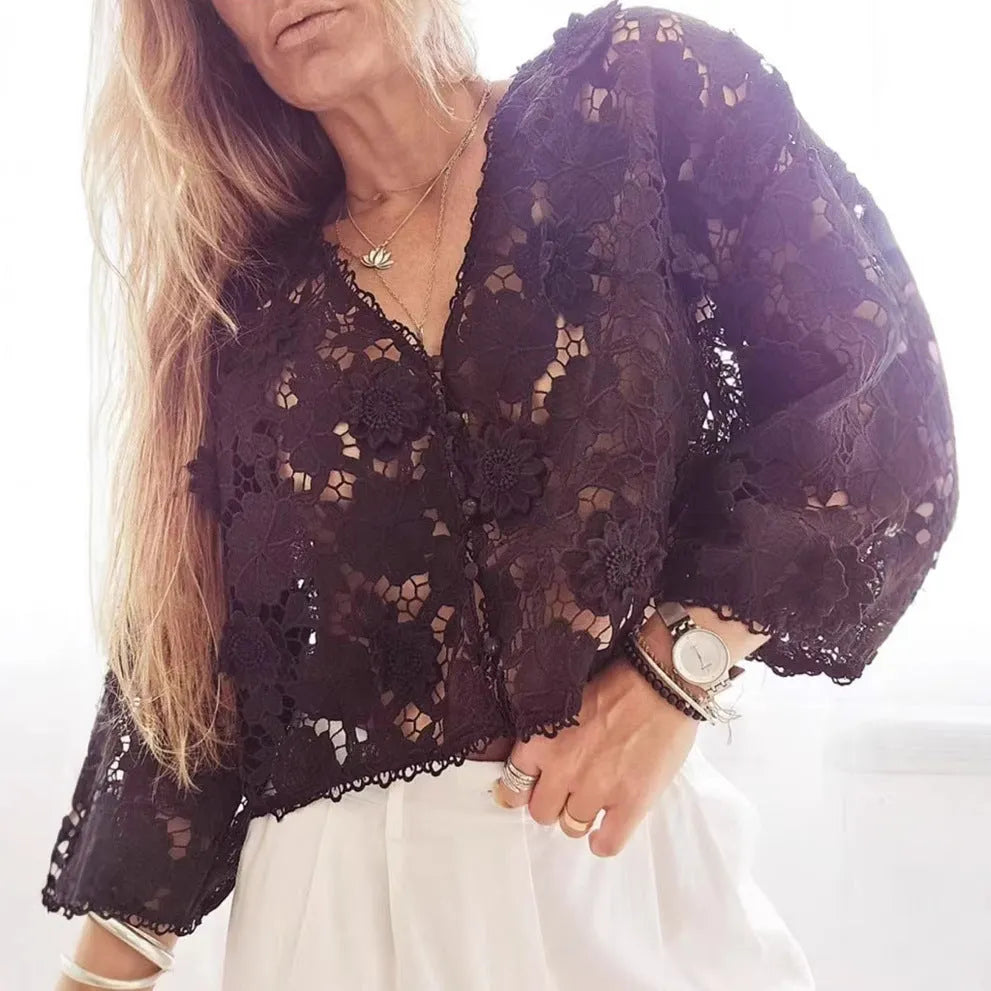 Loose lace cardigan with three-dimensional floral embroidery in street fashion style