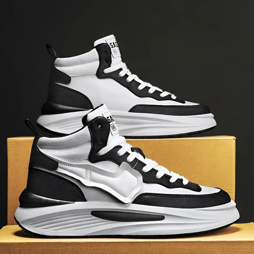 Men's black and white high-top platform board shoes with a round toe.