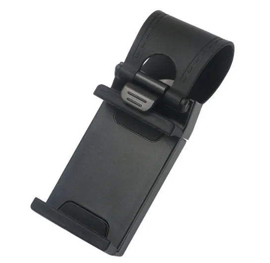 Black steering wheel phone mount holder attached to car steering wheel with smartphone displayed