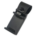 Black steering wheel phone mount holder attached to car steering wheel with smartphone displayed