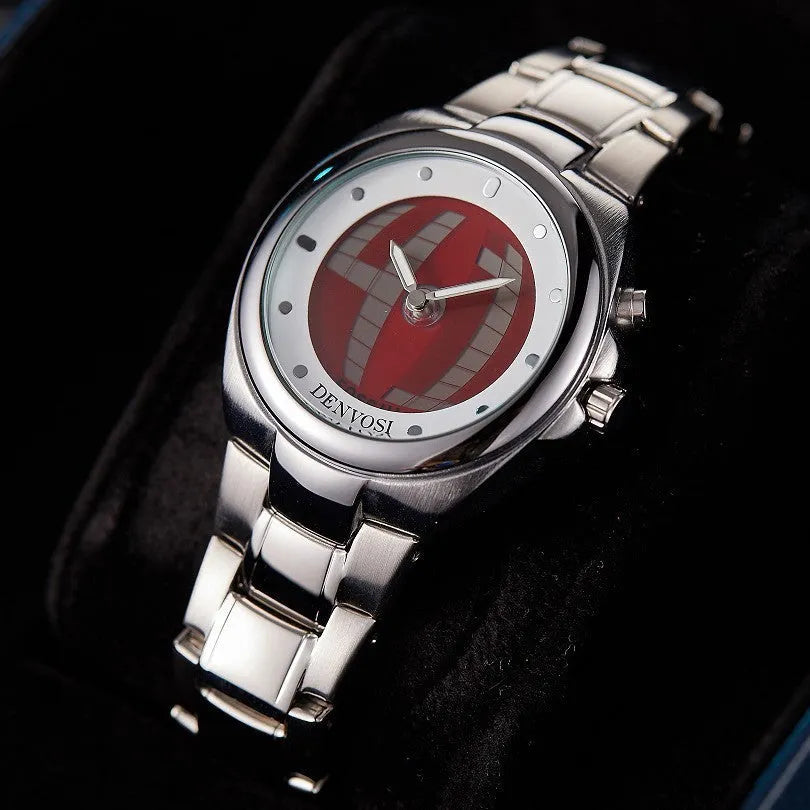 Y2K vintage digital watch with dual display showing 40mm red face and alloy strap