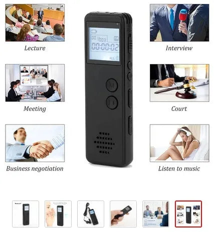 Black MP3 digital voice recorder with screen, showing compact size of 88mm by 33mm.