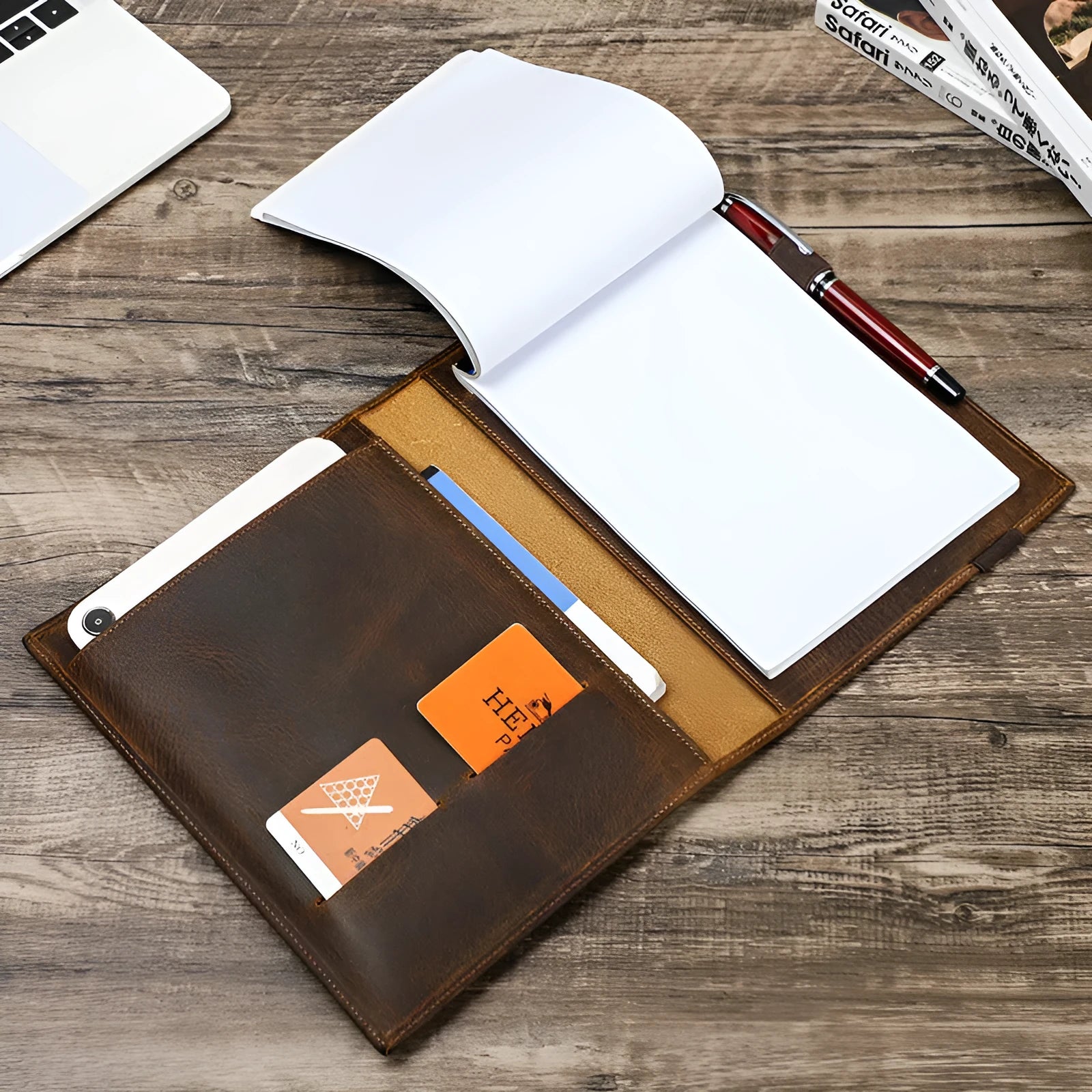 Brown Crazy Horse leather A5 notebook protective sleeve with socket closure