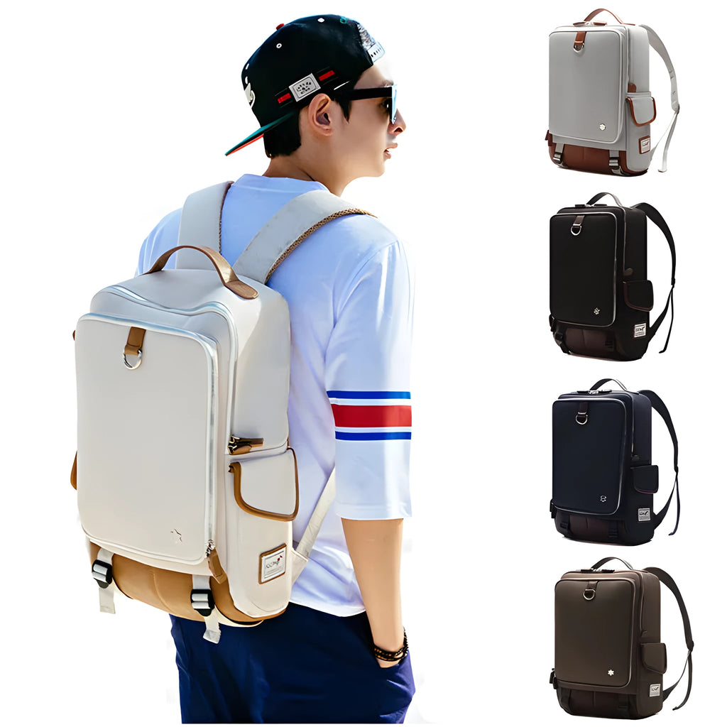 Modern army green Oxford cloth men's backpack showing large main compartment and adjustable straps.