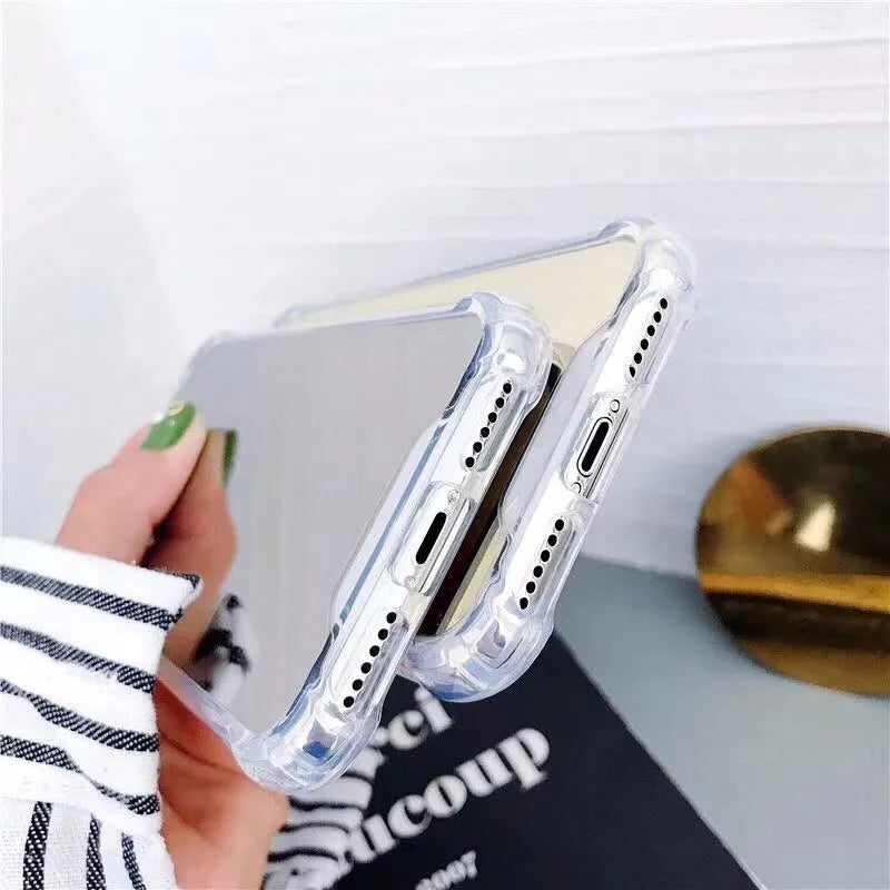 Mirror finish iPhone case in various colours showing reflective surface and TPU soft protective construction