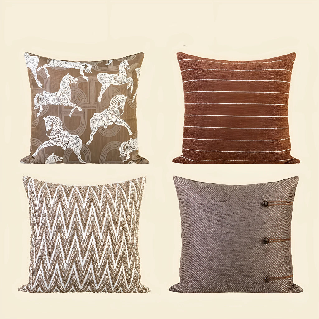 Square Chinese style cushion with geometric pattern in brown Maillard colour options on a sofa.