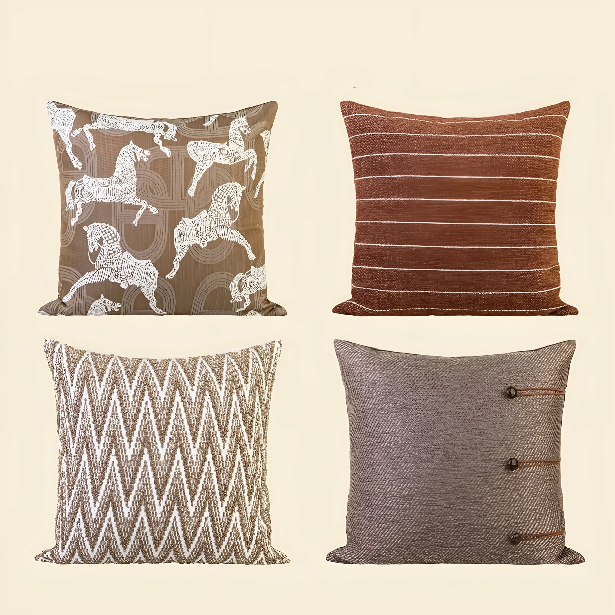 Square Chinese style cushion with geometric pattern in brown Maillard colour options on a sofa.