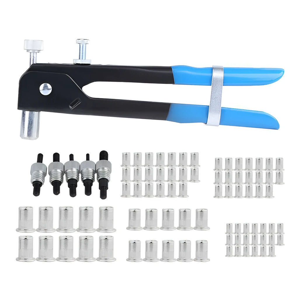 Manual riveter nut gun set with alloy steel construction, shown with rivet nuts, available as 86pc or 106pc kit.