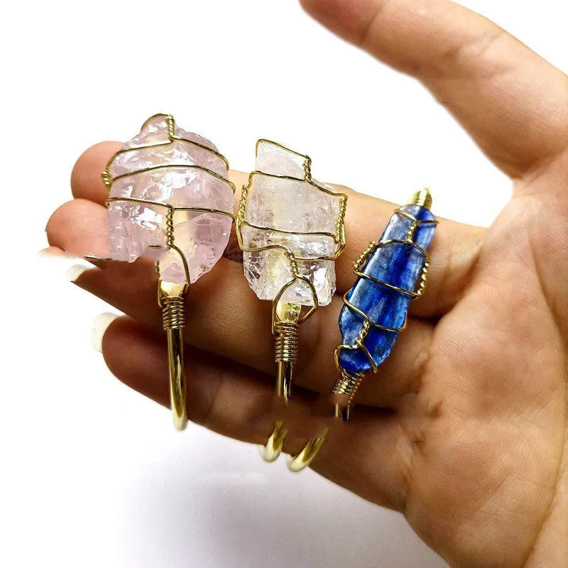 Natural crystal rough stone bracelet with gold winding geometric design in mixed colours