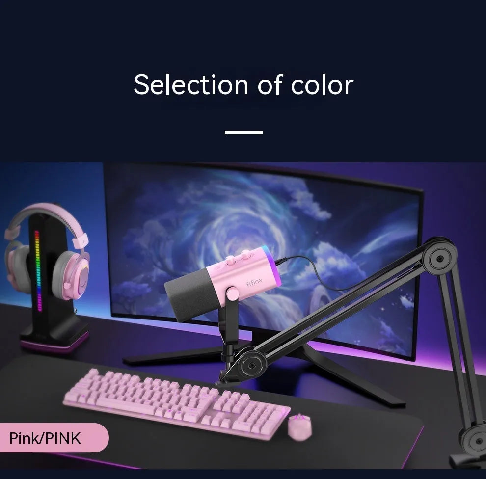 Dynamic noise reduction microphone with detachable black bracket base on desk with XLR cable