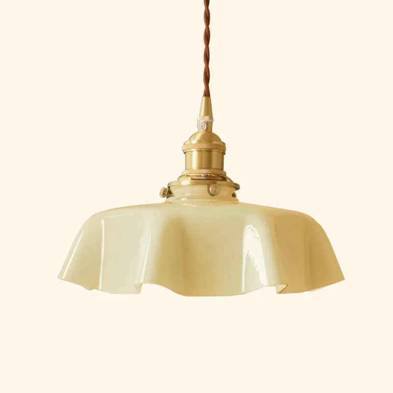 Medieval French style brass and glass flower bud chandelier light fitting with adjustable cord.