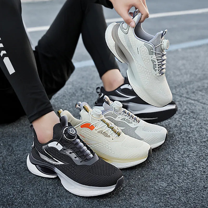 Men's white running shoes with rotating button closure and breathable mesh upper in low-top Korean style design