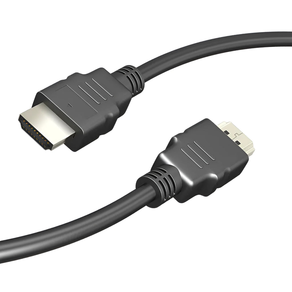 Black HDMI cable with nickel-plated connectors, shown in available lengths of 1m, 1.5m, 3m, and 5m.