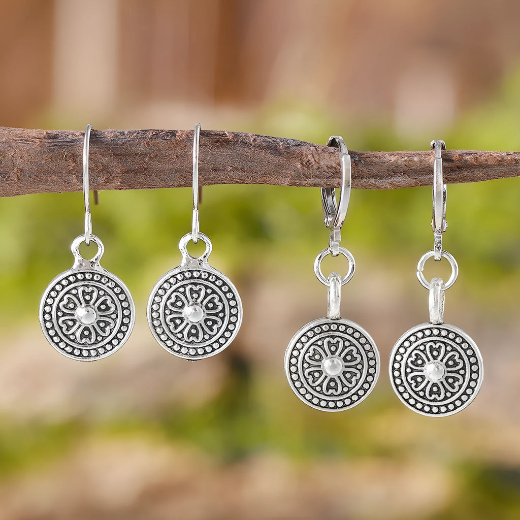 Bohemian style retro earrings with geometric shape and distressed ethnic design in zinc alloy