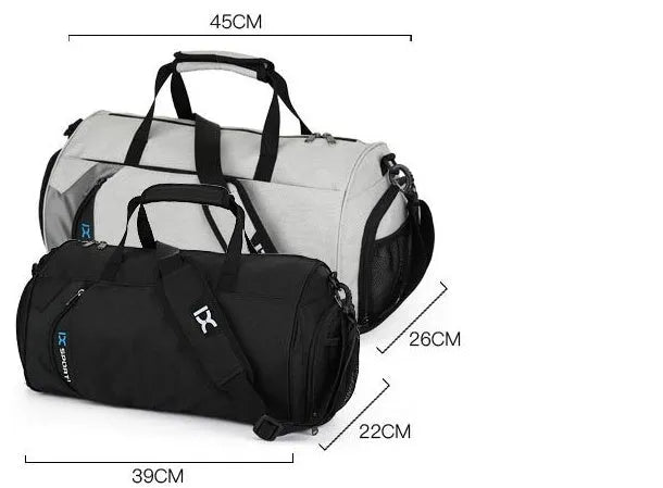 Men's waterproof nylon sports training bag in black or grey, large 45x26x26cm with dry wet separation and trolley strap, small 39x22x22cm