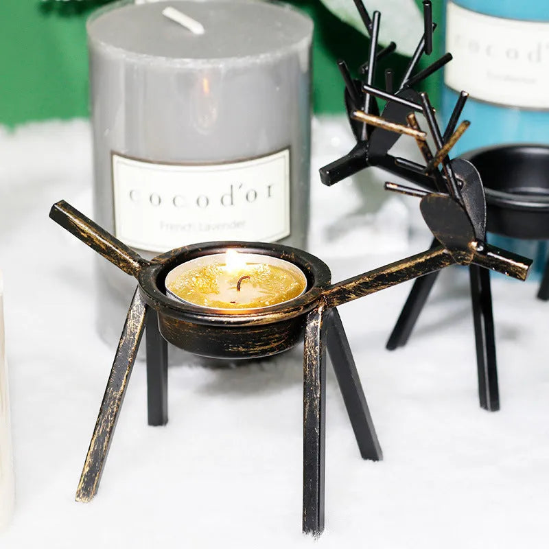 Black iron Christmas deer candlestick holder with elk bracket design for festive table decoration