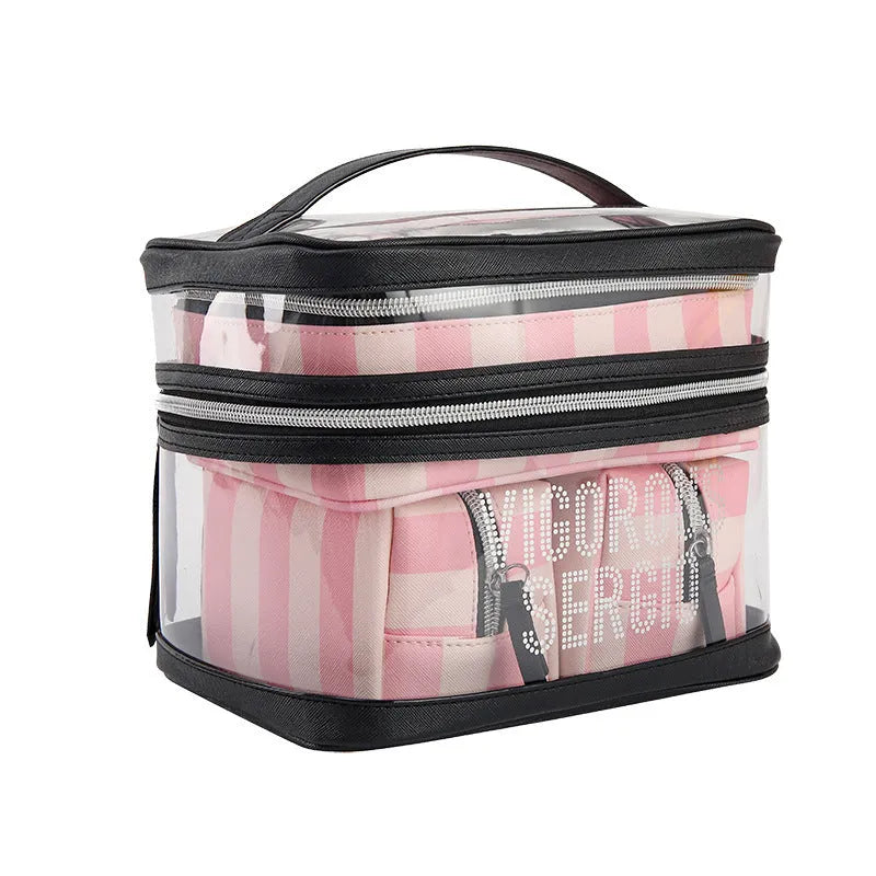 Pink bold stripes floral pattern waterproof synthetic leather buggy makeup bag folded open