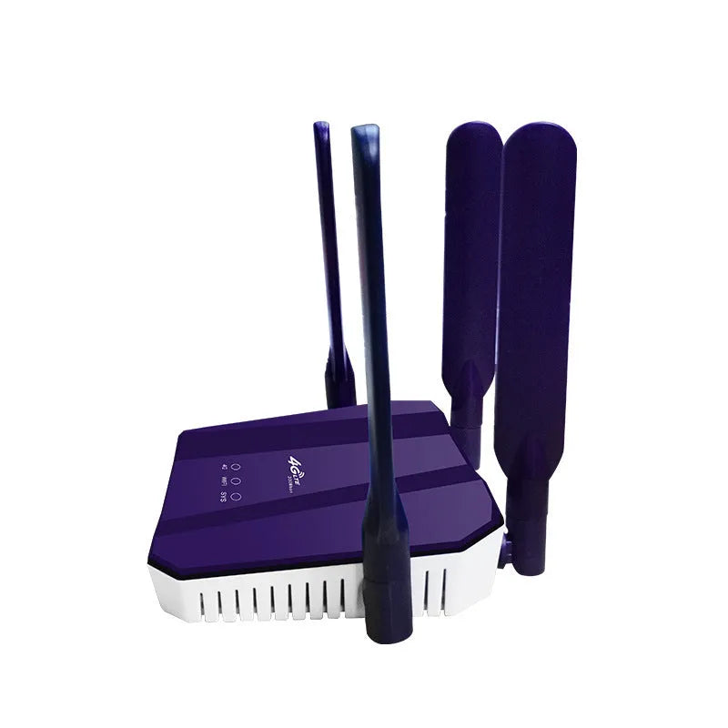 Blue 4G All Netcom dual mode router with four antennas showing front panel indicators