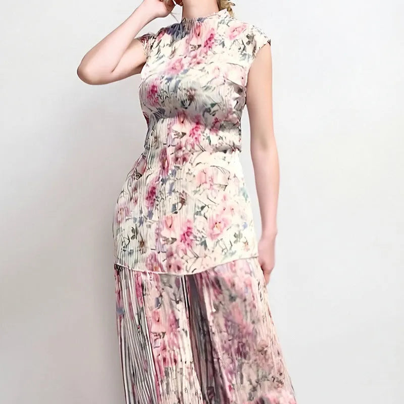 Long sleeve printed chiffon two-piece dress set with high-waist skirt on a model.