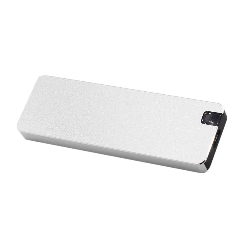 White mobile solid state hard disk with metal shell and USB cable showing compact 0.6cm × 3.2cm × 1cm dimensions