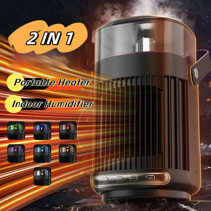 Black portable heater with humidifier showing front control panel and compact 24x13x13cm dimensions