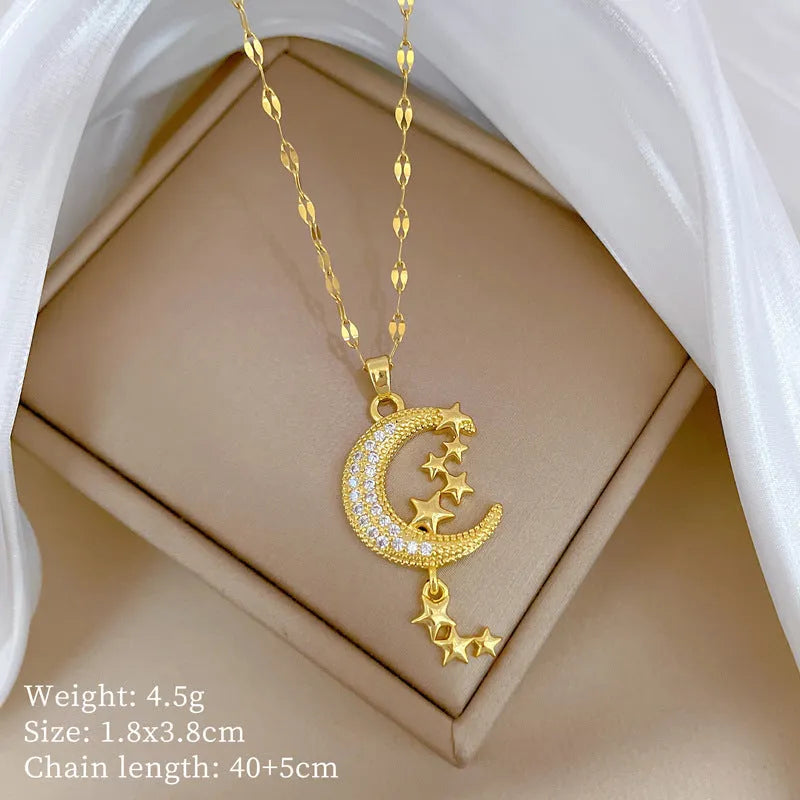 A218 moon pendant necklace with geometric diamond accents on stainless steel chain