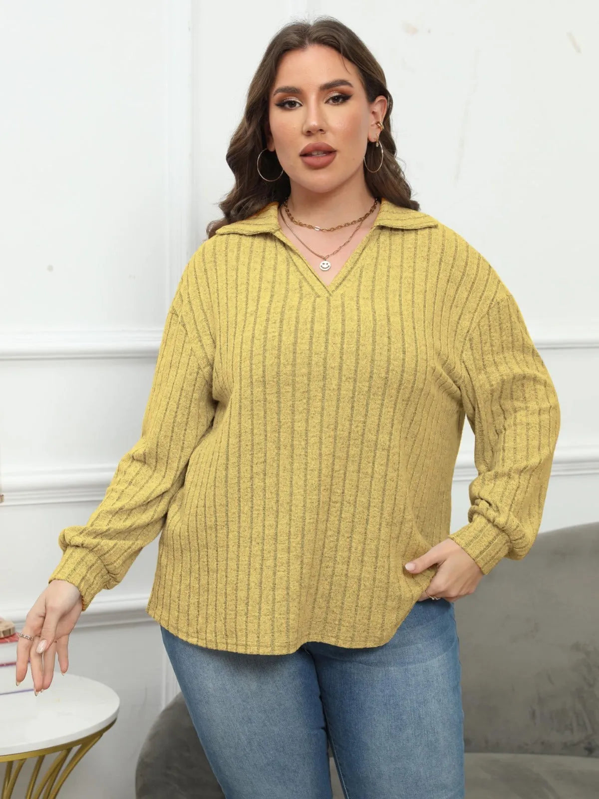 Women's plus size gray polo collar fleece shirt with lantern sleeves
