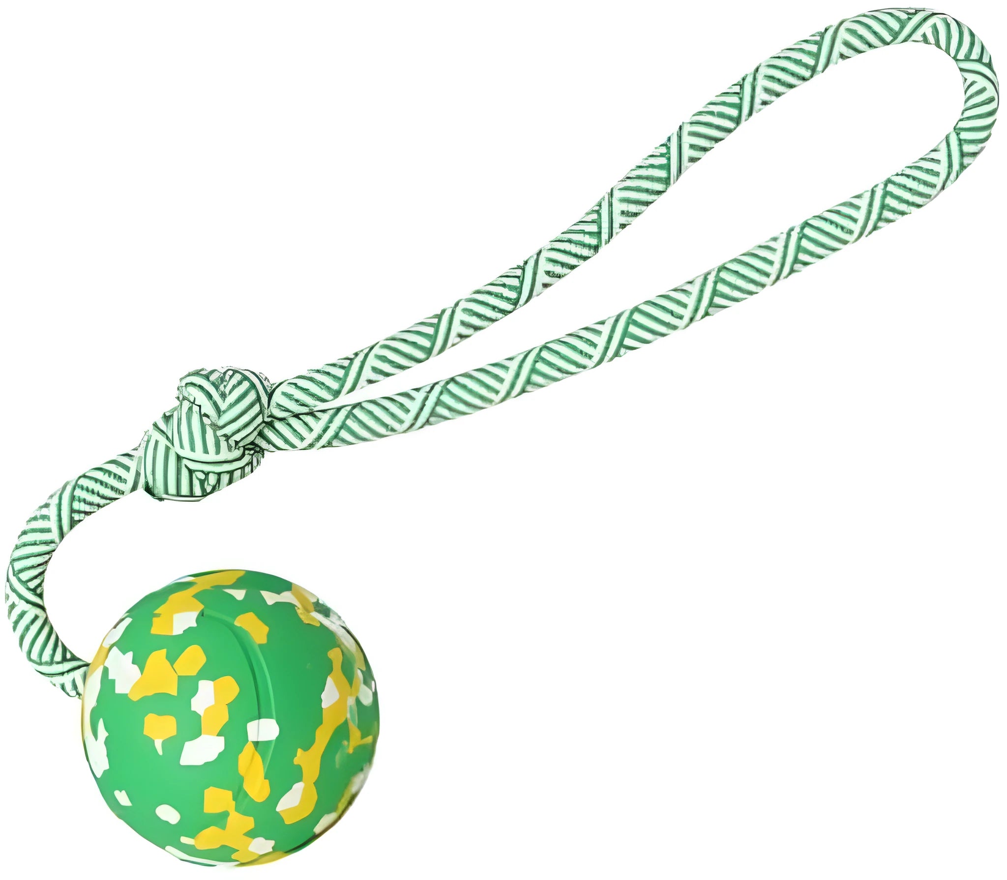 Natural rubber dog ball attached to a blue nylon rope, shown in two sizes L and S for interactive play.