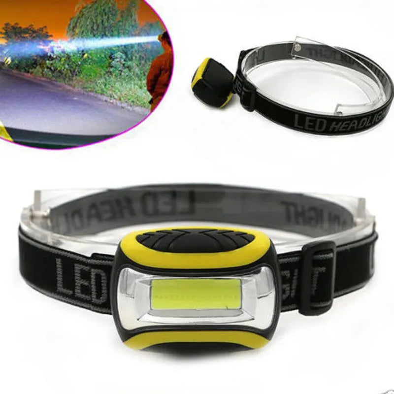 Yellow plastic headlamp with COB light source and adjustable headband