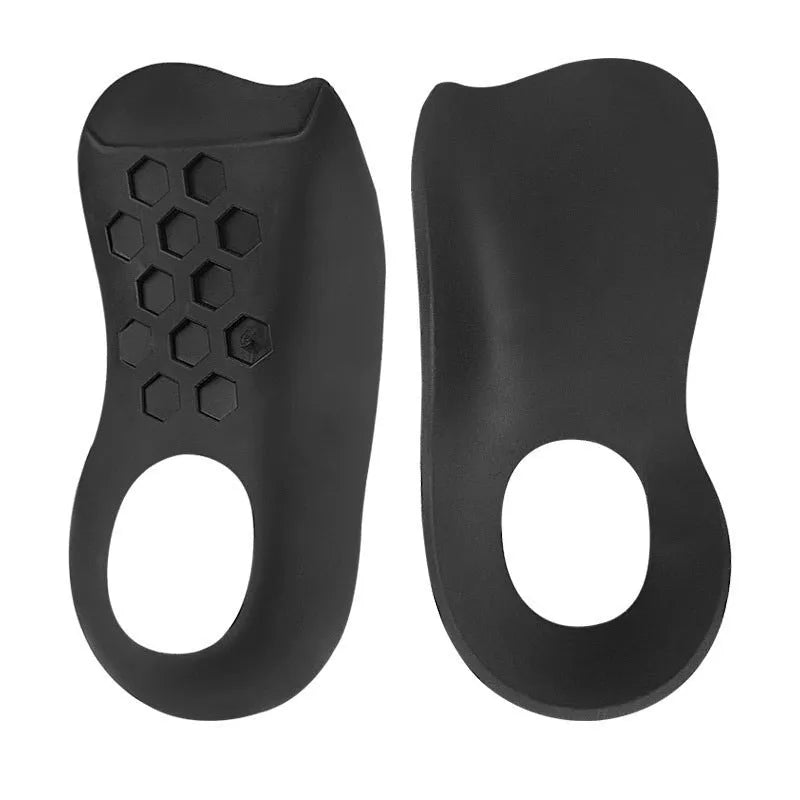 A pair of TPR varus correction insoles with arch support in black, white, and skin colour options.
