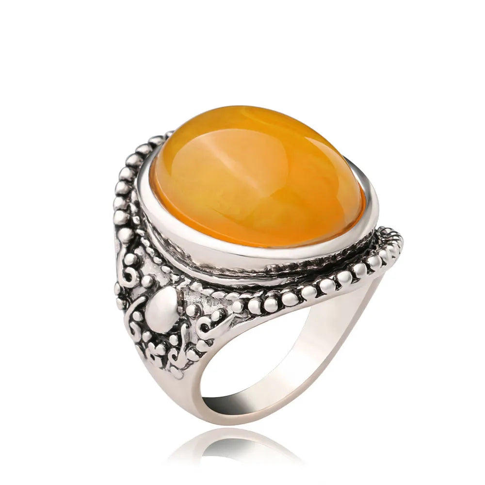 Geometric retro-style alloy ring with fluorescent beeswax plating and antique silver amber finish