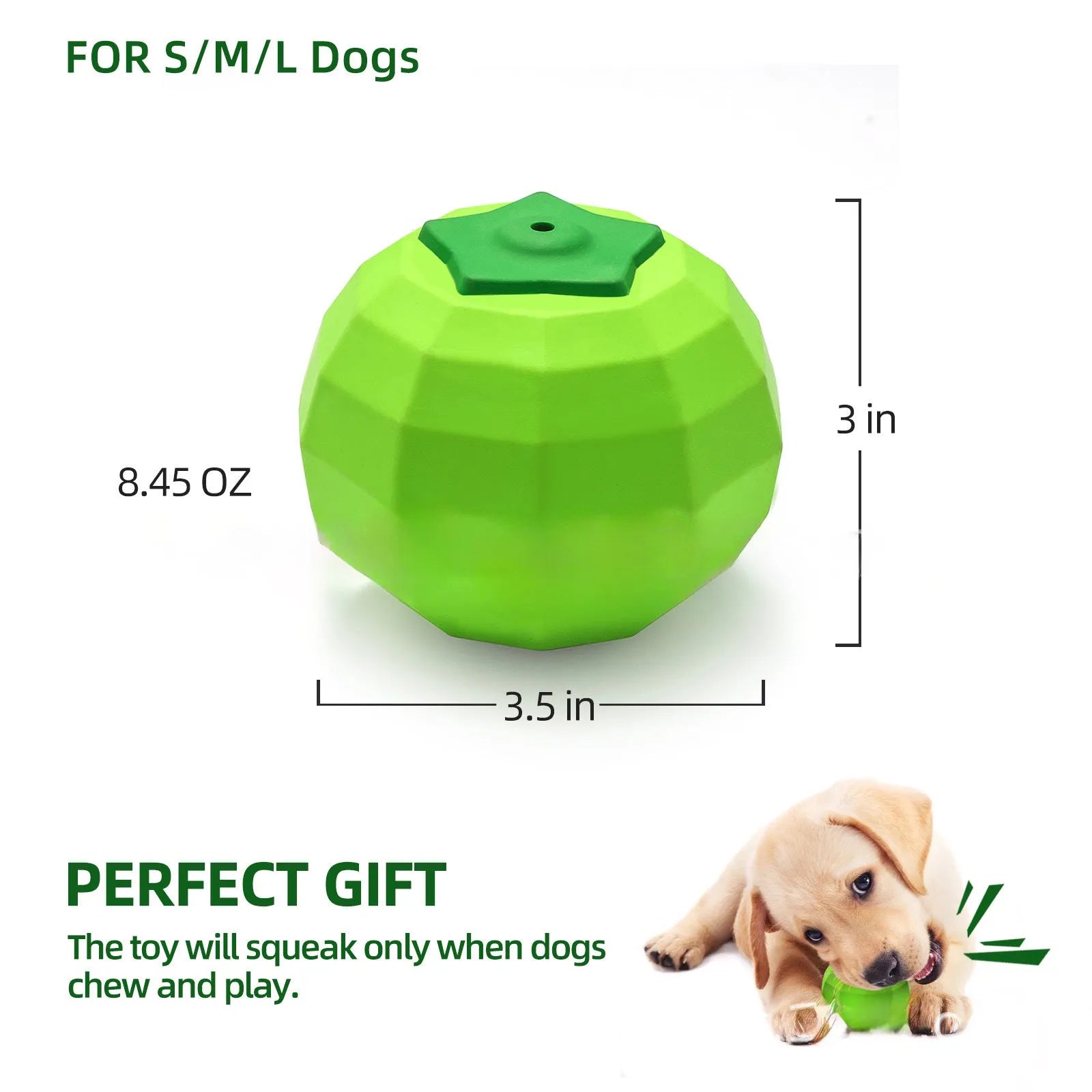 Green natural rubber squeaky chew ball dog toy for large breeds.