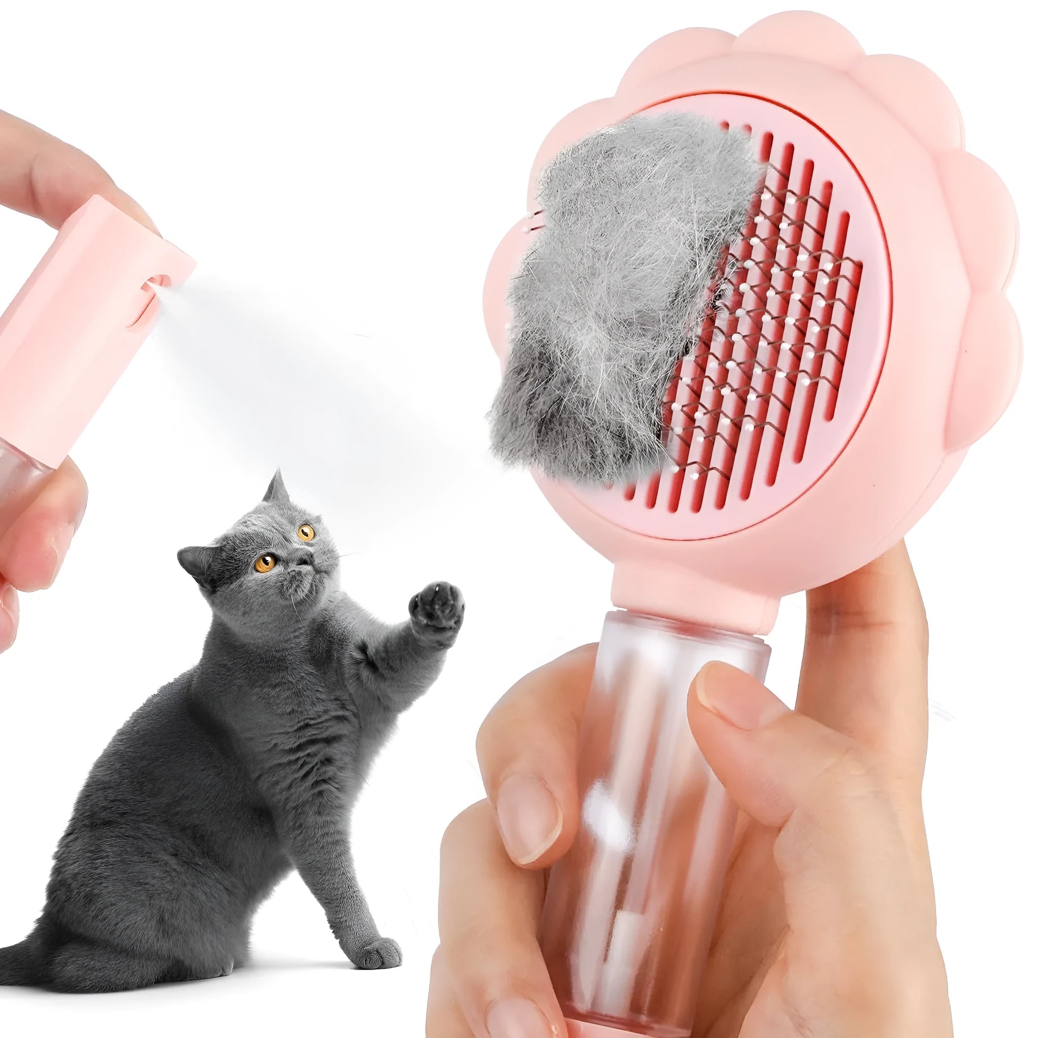 Grey spray cat brush with a release button and stainless steel bristles on a white background.
