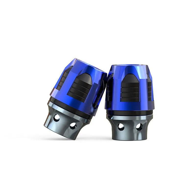 Pair of anodised aluminium fork cups for electric car or motorcycle front axle, showing colour options.
