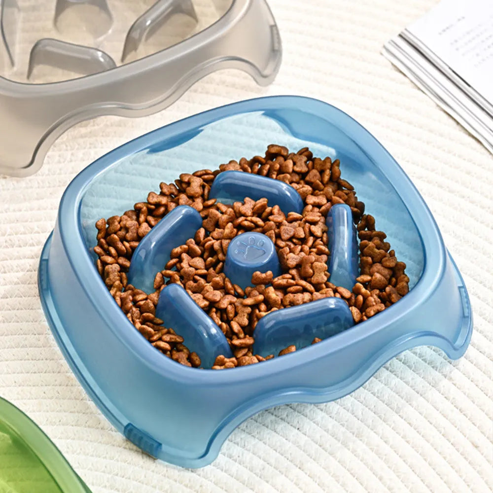 Plastic dog slow feeder bowl in blue, grey, green, or orange with anti-choking maze design